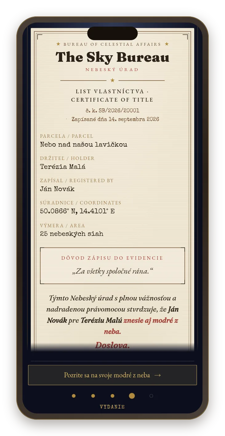 Obrad na telefóne, finále: rozvinutý list vlastníctva s menom.