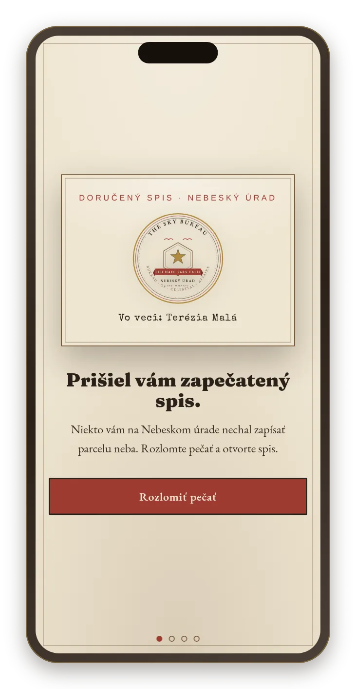 Náhľad obradu v mobilnom telefóne — doručený zapečatený spis Nebeského úradu s pečaťou, menom obdarovanej osoby a tlačidlom Zlomiť pečať.