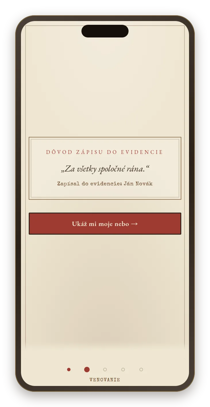 Obrad na telefóne, druhé dejstvo: venovanie v rámčeku Dôvod zápisu do evidencie.
